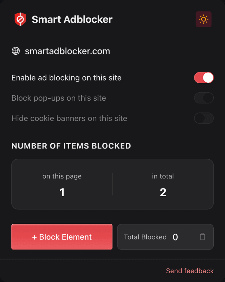 Smart Adblocker Extension Interface - Real Screenshot