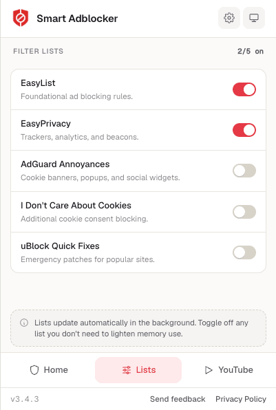 Smart Adblocker filter lists popup