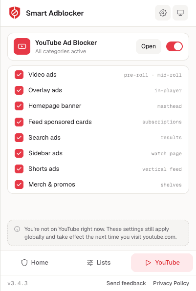 Smart Adblocker YouTube settings popup
